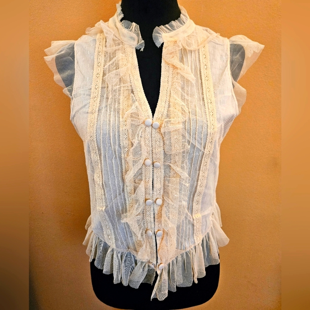 Tramp Light Beige/ Cream Ruffled Mandarin Collar Blouse